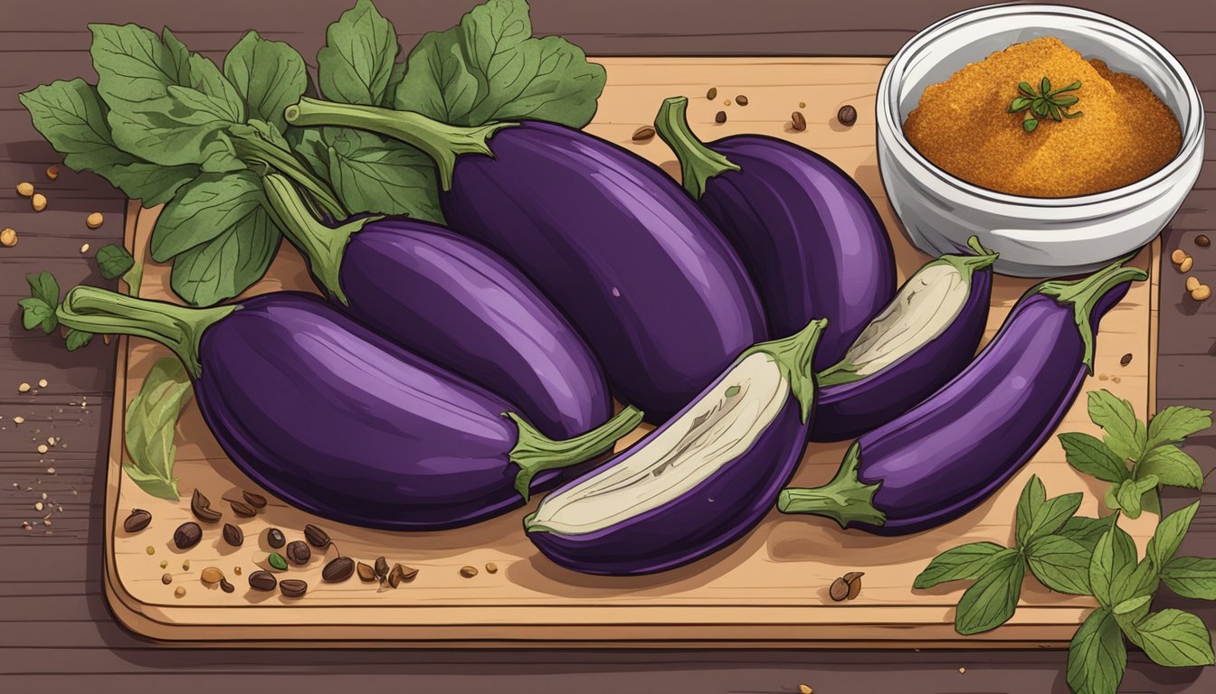 Eggplant being sliced and salted on a cutting board, surrounded by various herbs and spices