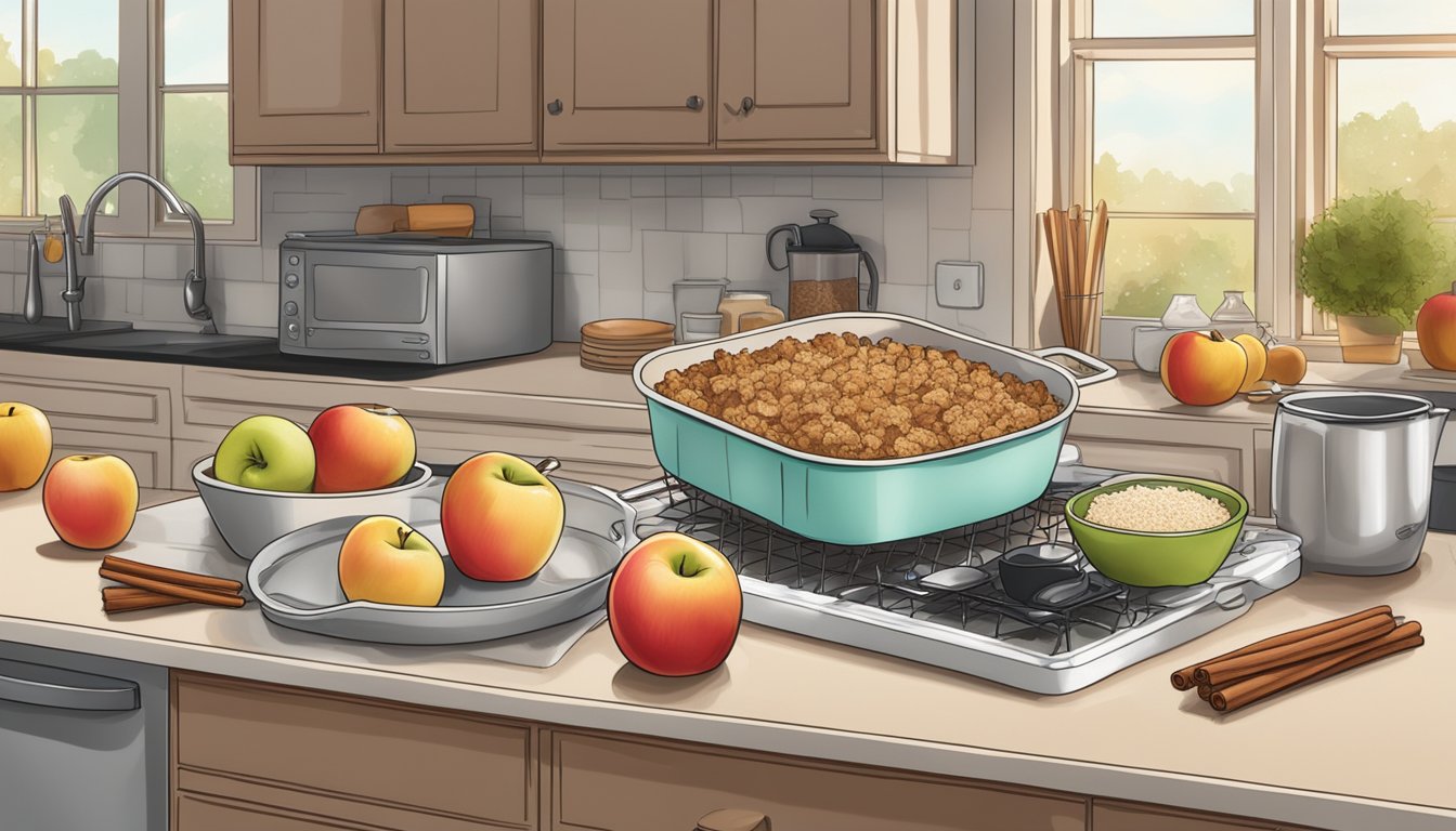 A kitchen counter with a freshly baked apple crisp cooling on a wire rack, surrounded by ingredients like apples, oats, cinnamon, and a measuring cup of sugar