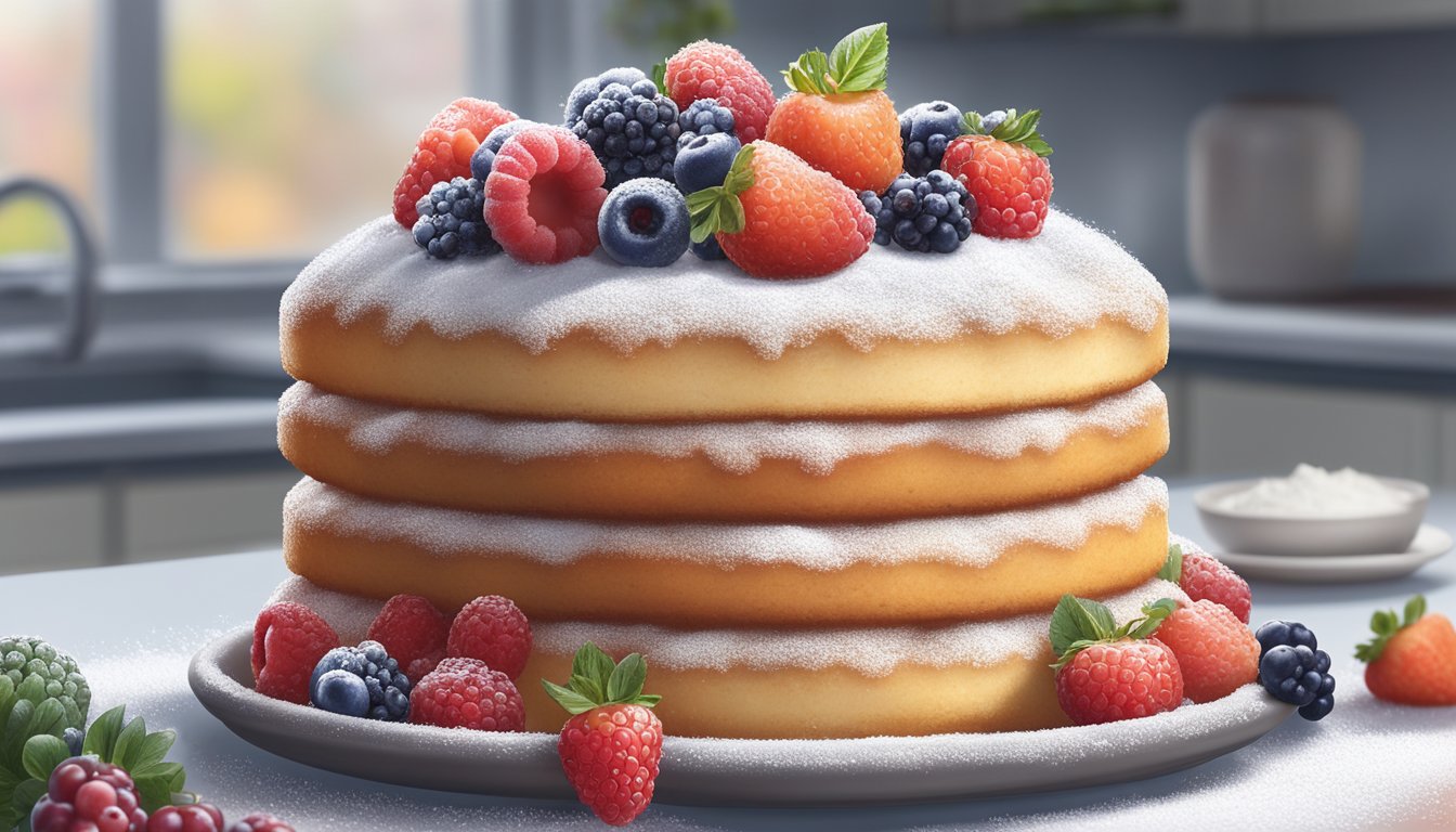 A diabetic-friendly angel food cake cooling on a wire rack, surrounded by fresh berries and a dusting of powdered sugar