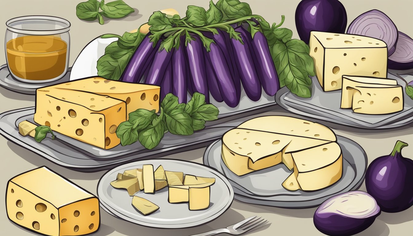 A variety of diabetic-friendly cheeses surround a platter of sliced eggplant, ready for a delicious and healthy recipe illustration