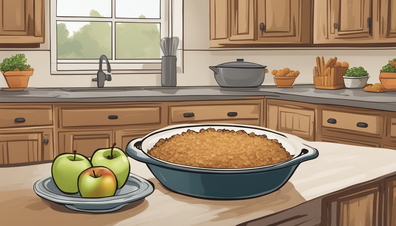 A rustic kitchen with a wooden table covered in apples, oats, and cinnamon. A mixing bowl and baking dish sit nearby, ready for the diabetic apple crisp recipe