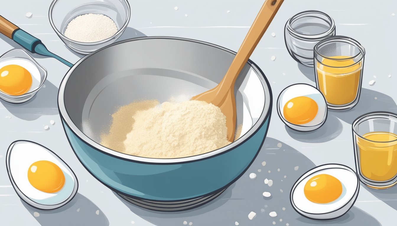 A mixing bowl with egg whites, sugar substitute, and vanilla extract being whisked together. A sifter with flour and a measuring cup of powdered sugar nearby