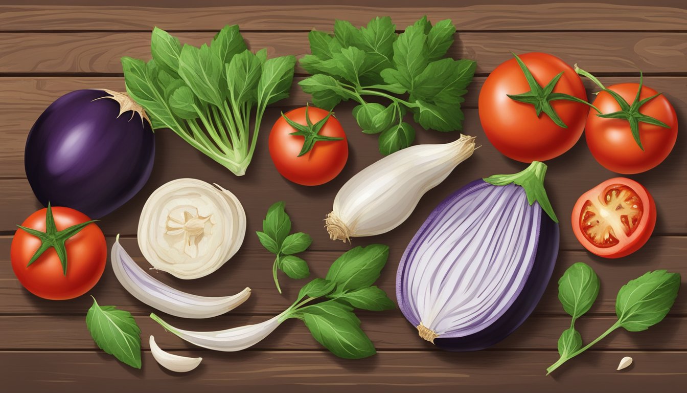 A colorful array of fresh ingredients - eggplant, tomatoes, garlic, and herbs - arranged on a rustic wooden cutting board