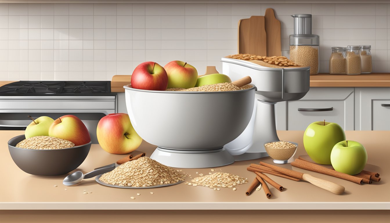 A kitchen counter with a mixing bowl, measuring cups, apples, oats, and cinnamon