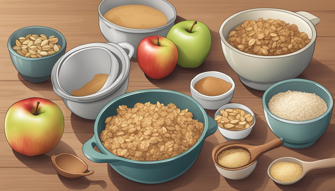 A kitchen counter with ingredients for apple crisp, including apples, oats, and cinnamon, arranged neatly in bowls and measuring cups