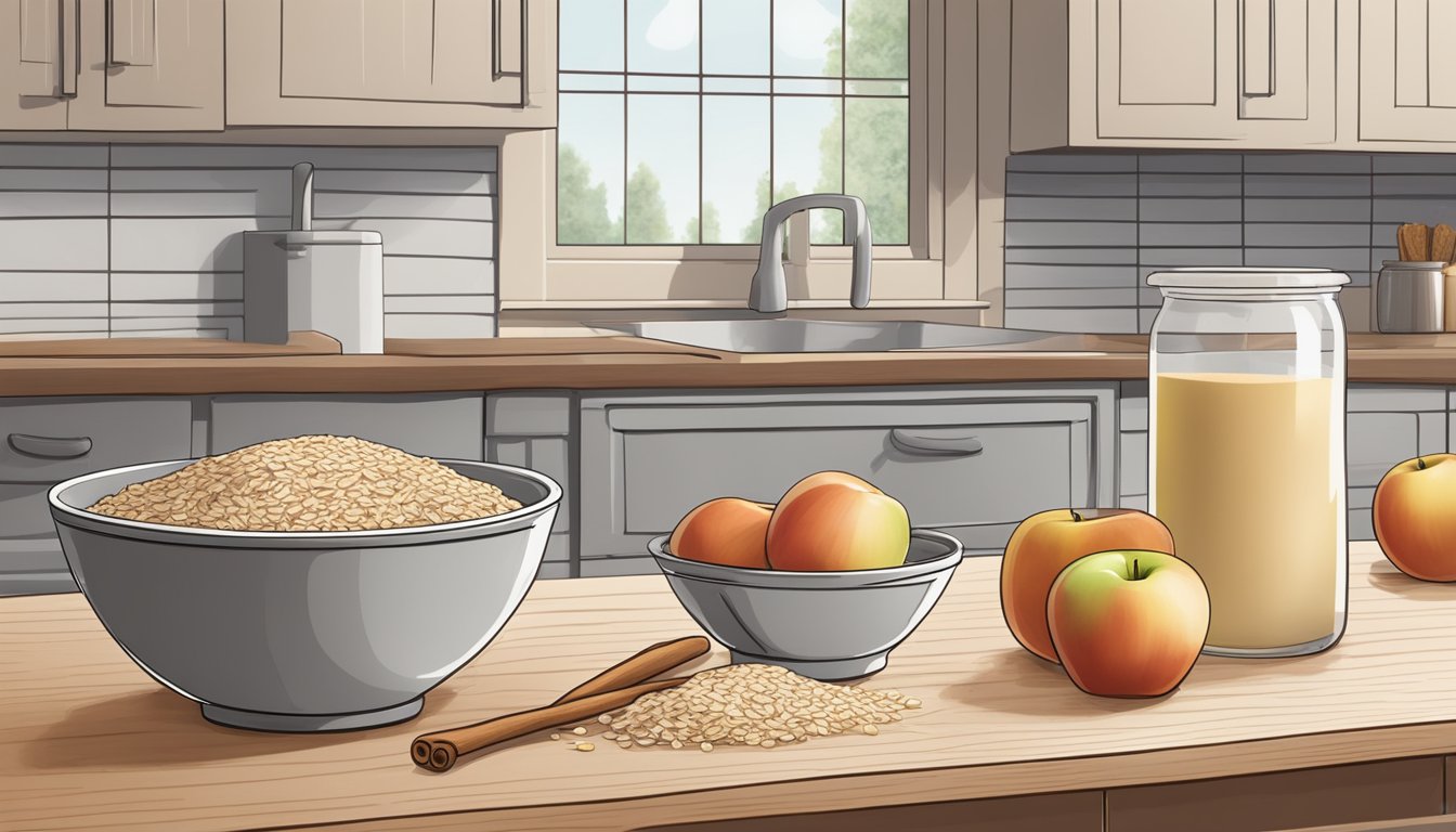 A wooden kitchen counter holds a mixing bowl filled with oats, almond flour, and cinnamon. A peeled apple sits next to it, ready to be sliced