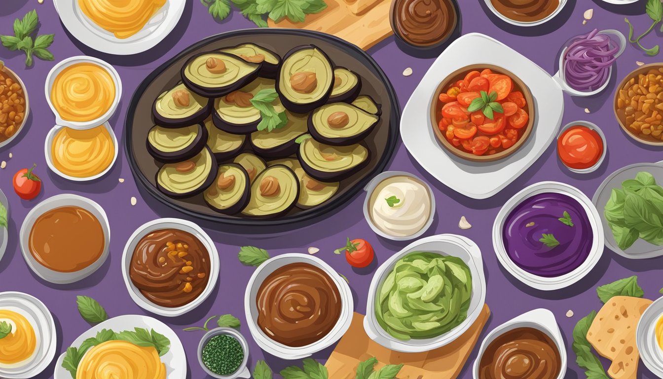 A variety of colorful sauces and toppings are arranged around a platter of diabetic-friendly eggplant dishes