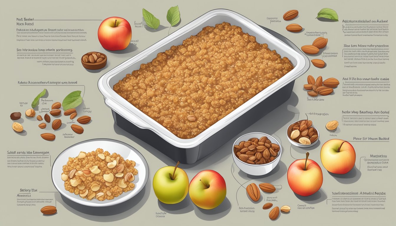 A table set with a freshly baked apple crisp, surrounded by a variety of fruits and nuts, with a nutritional analysis chart displayed next to it