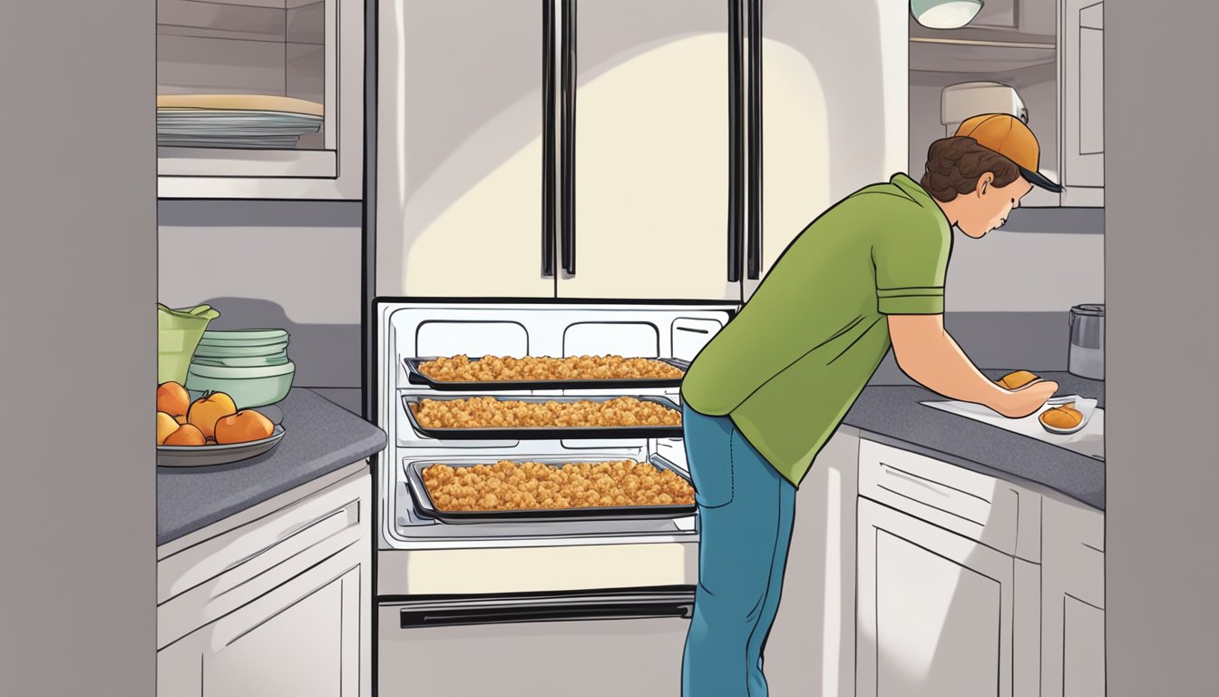 A person placing a dish of apple crisp into the refrigerator, then later taking it out to reheat in the oven