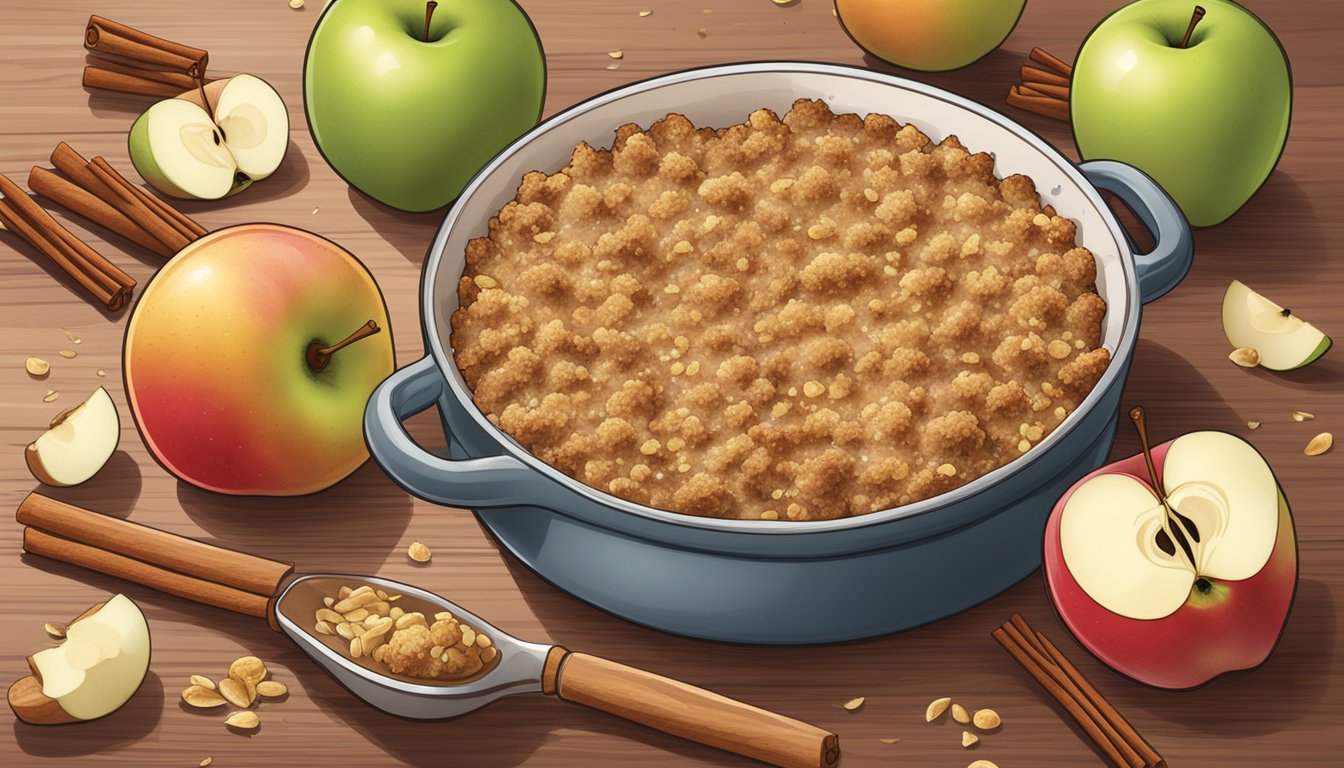 A steaming apple crisp with a crumbly oat topping, surrounded by cinnamon sticks and fresh apples