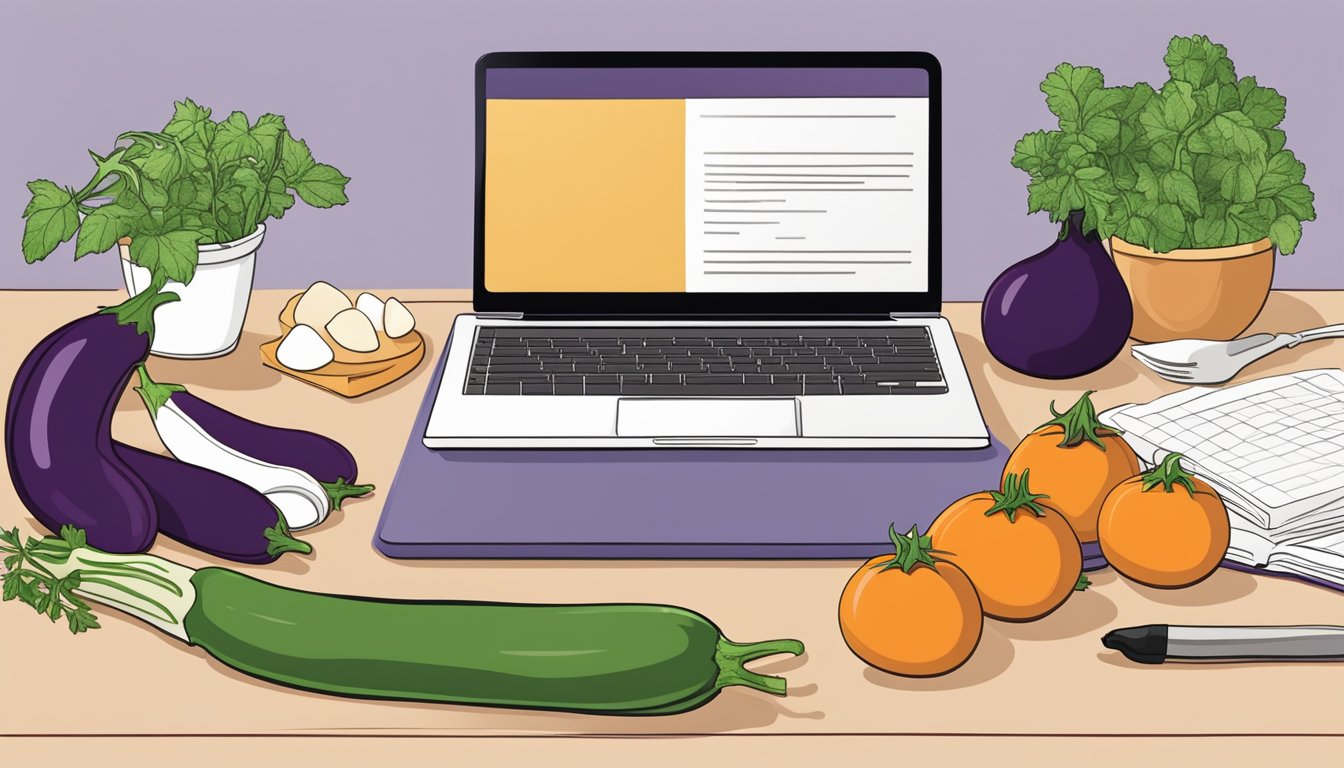 A colorful kitchen counter with fresh eggplants, tomatoes, and herbs, alongside a recipe book and a laptop displaying "Collaborations and Credits diabetic eggplant recipe."