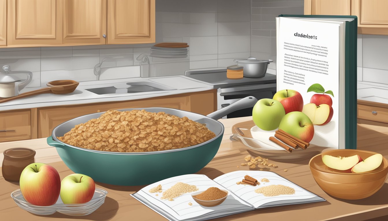 A kitchen counter with ingredients for apple crisp: apples, oats, cinnamon, and a mixing bowl. A recipe book open to a page titled "Diabetic Desserts."