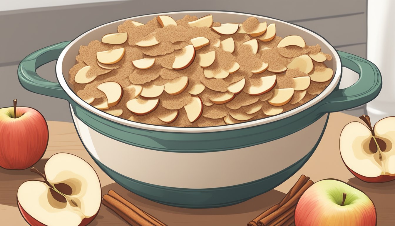 A bowl of sliced apples, cinnamon, and oats mixed together, ready to be sprinkled on top of a baking dish filled with more sliced apples