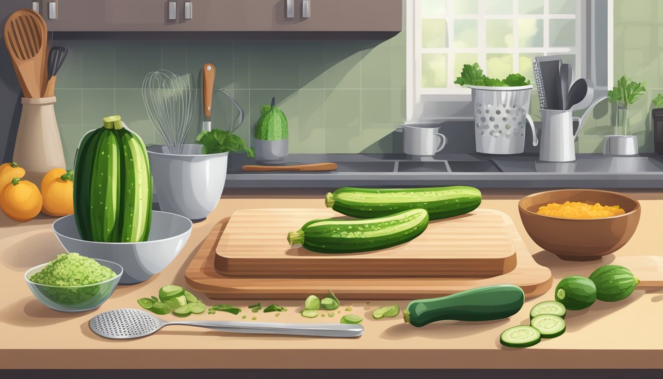 A cutting board with zucchinis, a grater, a mixing bowl, and measuring cups and spoons on a kitchen counter