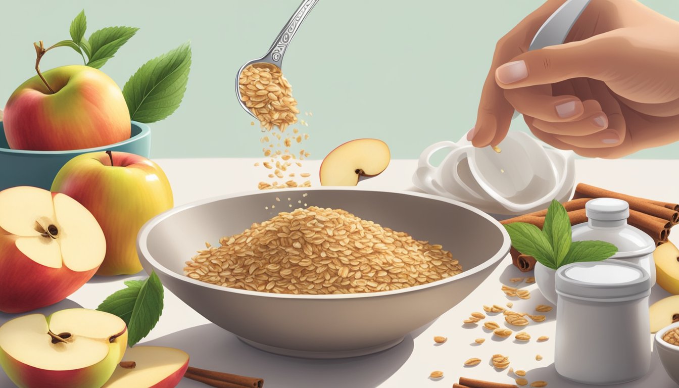 A hand sprinkling cinnamon over a bowl of sliced apples, next to a measuring spoon of stevia and oats