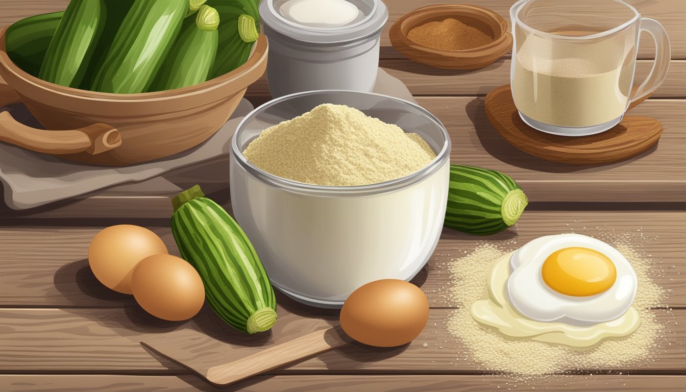 Fresh zucchinis, almond flour, eggs, cinnamon, and baking powder on a wooden table