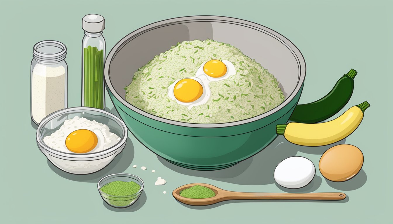 A mixing bowl filled with grated zucchini, flour, eggs, and leavening agents, surrounded by measuring cups and spoons