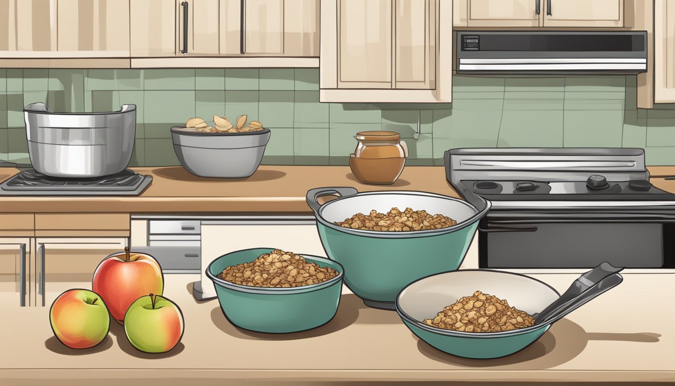 A kitchen counter with fresh apples, cinnamon, oats, and a mixing bowl for a diabetic-friendly apple crisp recipe