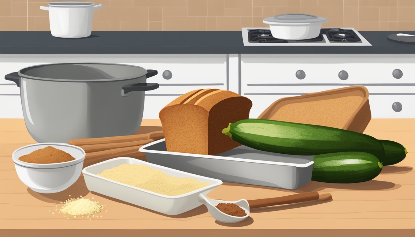 A kitchen counter with ingredients like zucchini, flour, and cinnamon, a mixing bowl, and a loaf pan with freshly baked zucchini bread