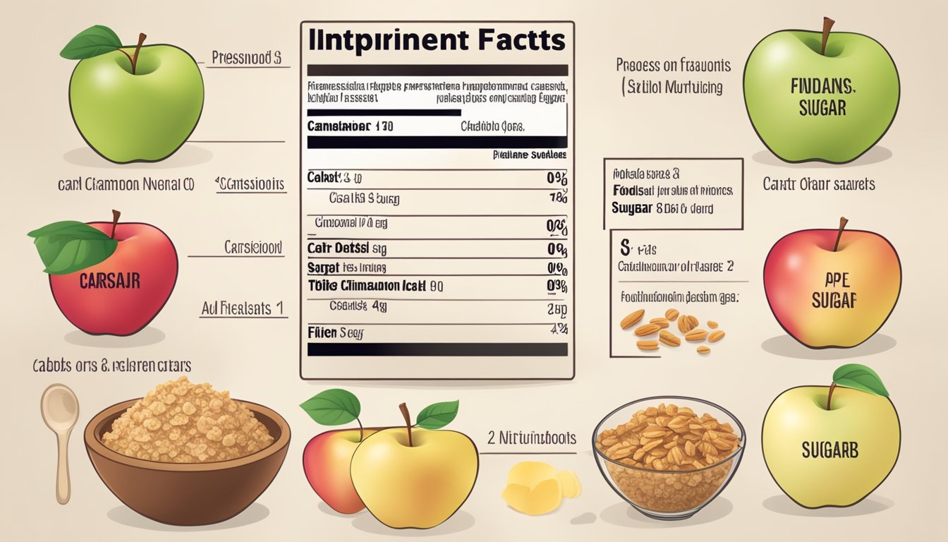 A table with ingredients for apple crisp: apples, oats, cinnamon, and sugar. A nutrition label with breakdown of carbs, fiber, and sugar