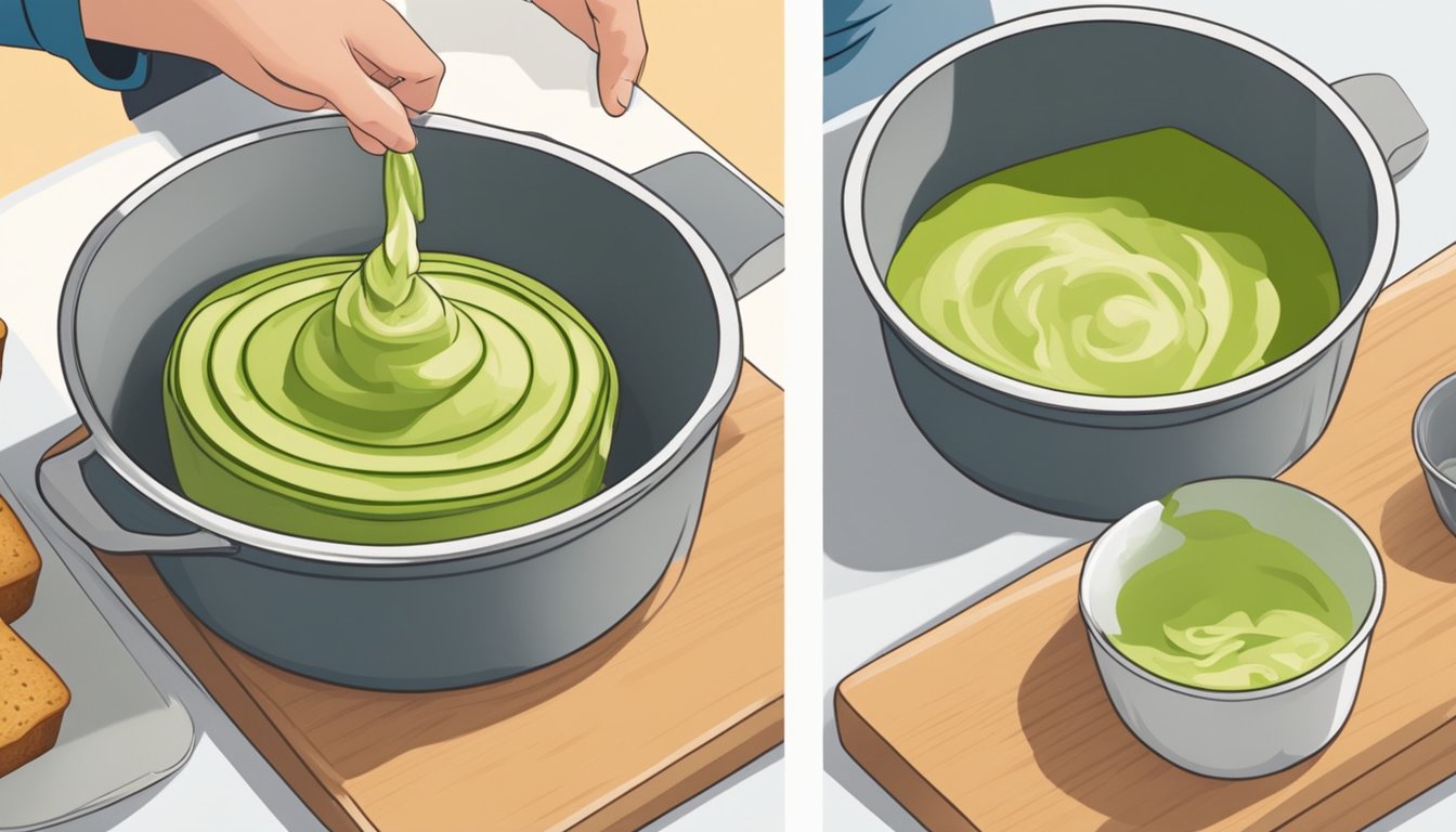 A person mixing zucchini bread batter in a bowl, then pouring it into a loaf pan before placing it into the oven to bake