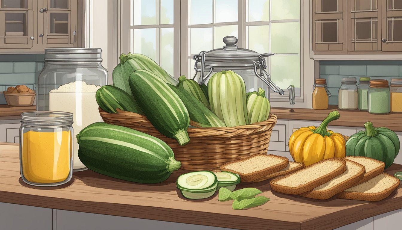 A kitchen counter with a cooling rack of freshly baked zucchini bread, surrounded by a basket of zucchinis and a jar of sugar substitute