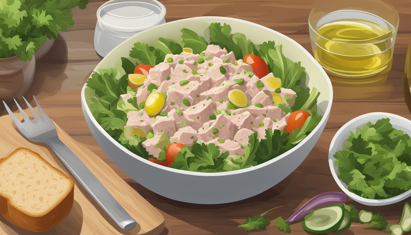 A bowl of tuna salad surrounded by fresh vegetables and a measuring cup of olive oil