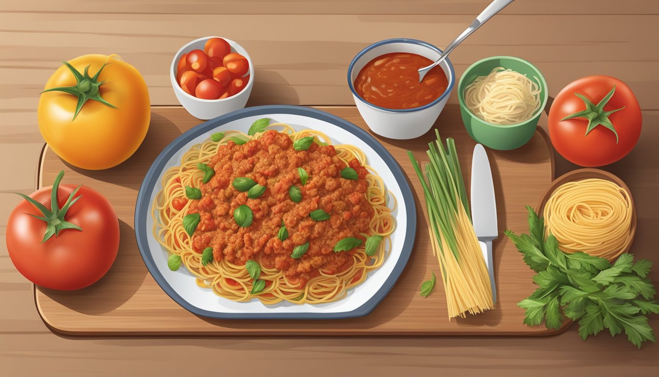 A cutting board with fresh vegetables, lean ground turkey, and whole wheat spaghetti arranged neatly beside a measuring cup of low-sugar tomato sauce