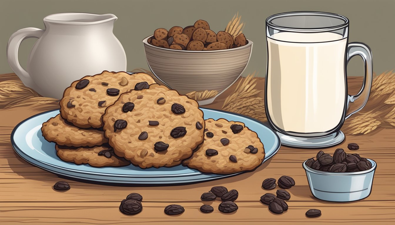 A plate of oatmeal raisin cookies with a glass of milk on a table, surrounded by ingredients like oats, raisins, and a mixing bowl