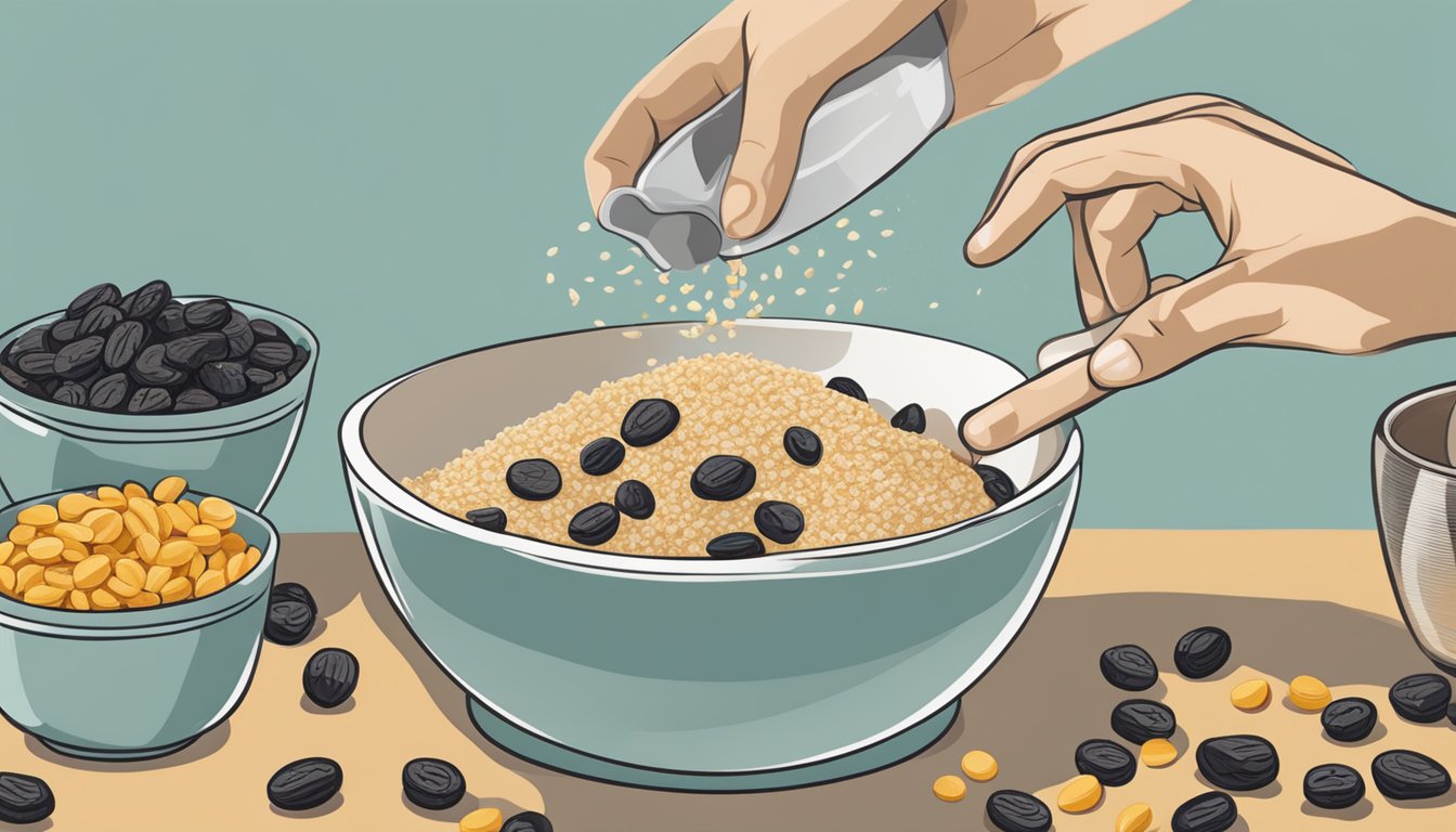 A hand pouring oats, raisins, and sugar into a mixing bowl