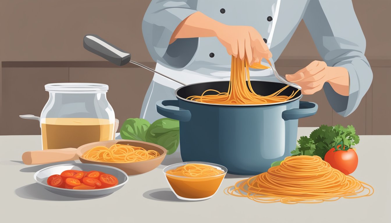 A chef stirring whole wheat spaghetti in a pot, adding fresh vegetables and lean protein. A measuring cup of tomato sauce sits nearby