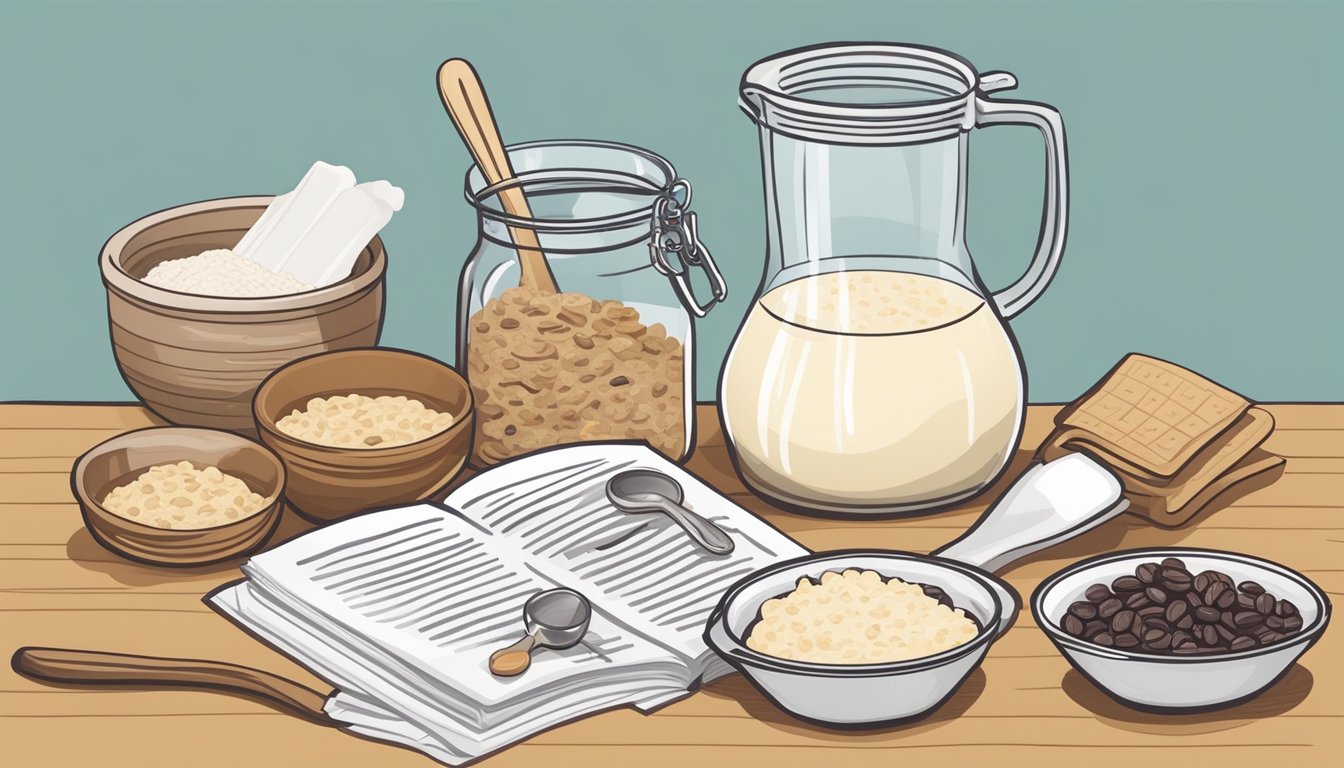 A kitchen counter with ingredients and utensils laid out, a mixing bowl with oatmeal, raisins, and a measuring cup of flour, a recipe book open to the oatmeal raisin cookie page