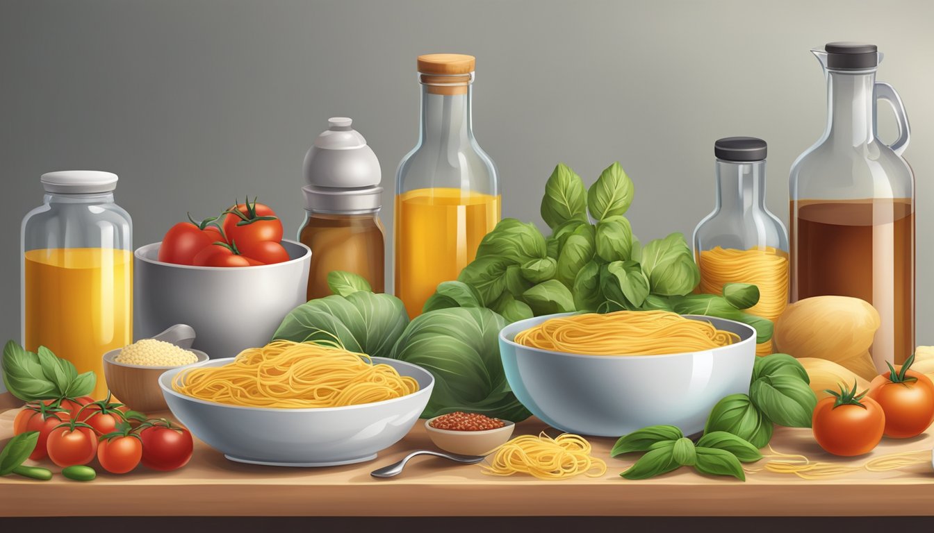 A kitchen counter with ingredients and utensils for making diabetic spaghetti