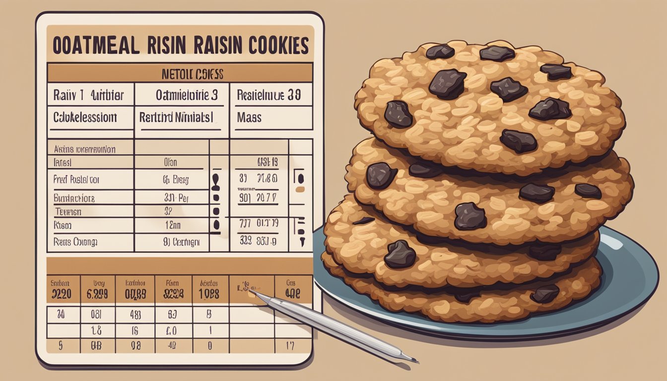 A plate of oatmeal raisin cookies with a nutritional breakdown chart next to it