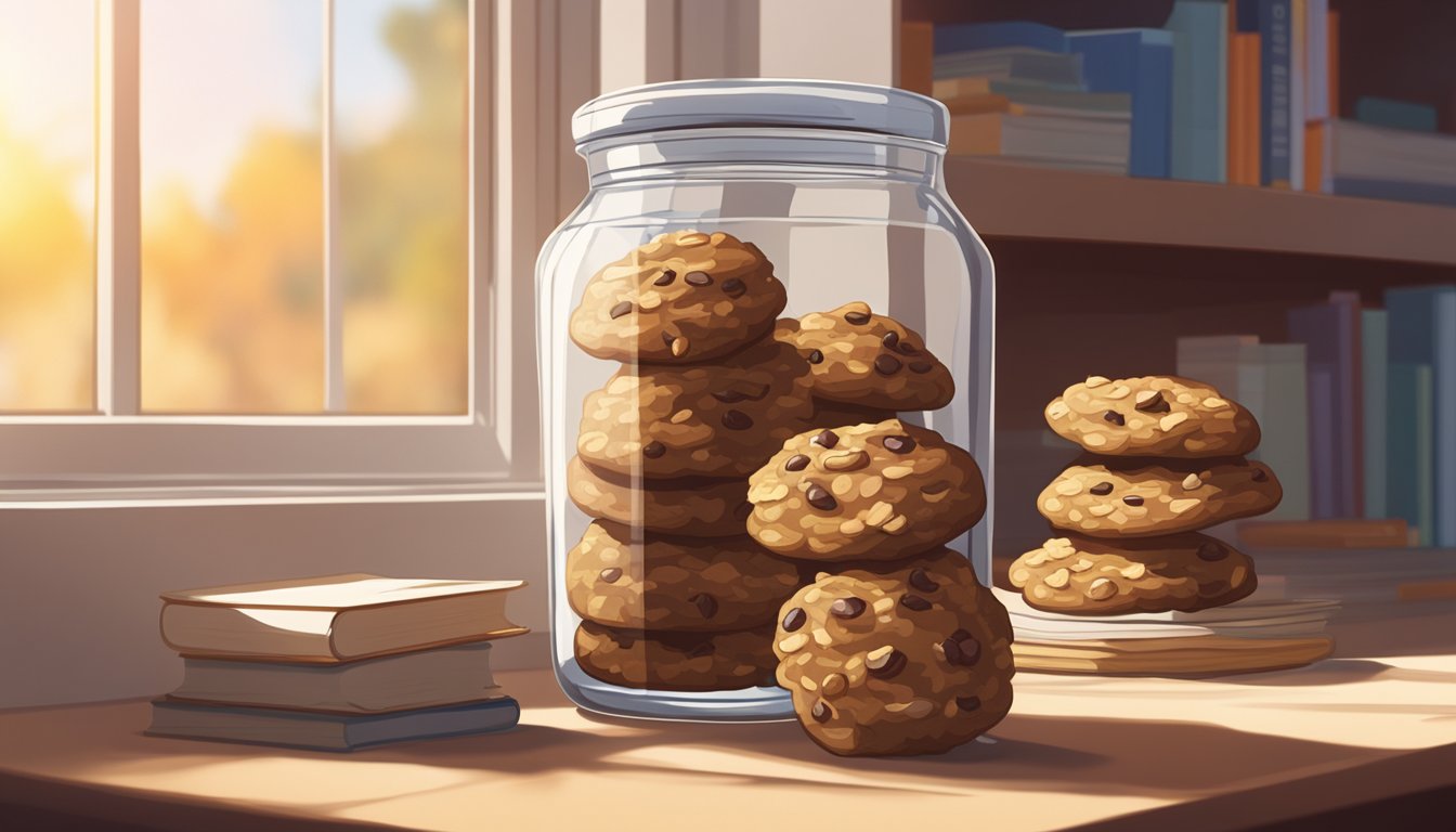 A glass jar filled with oatmeal raisin cookies sits on a shelf, next to a stack of recipe books. Sunlight filters through a nearby window, casting a warm glow on the scene