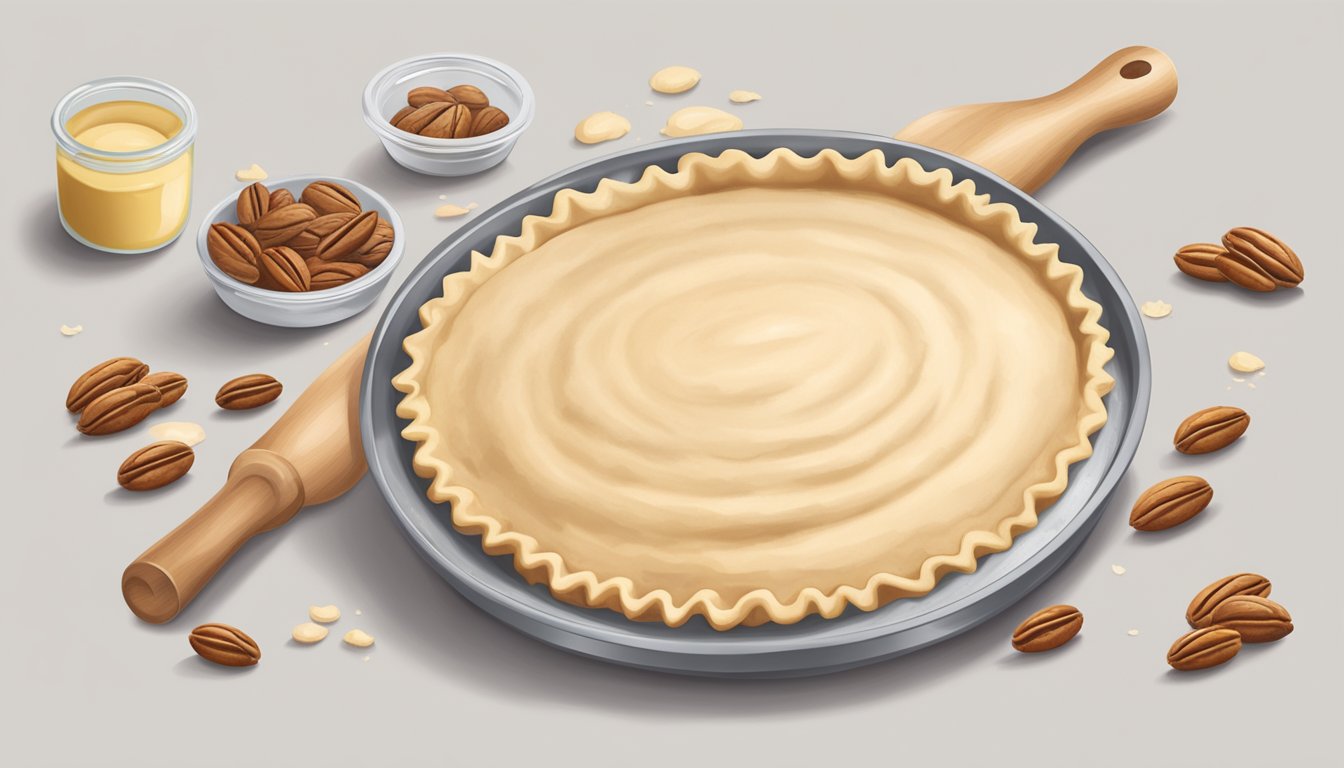 A person rolling out a pie crust with a rolling pin on a floured surface, with pecans and a measuring cup nearby