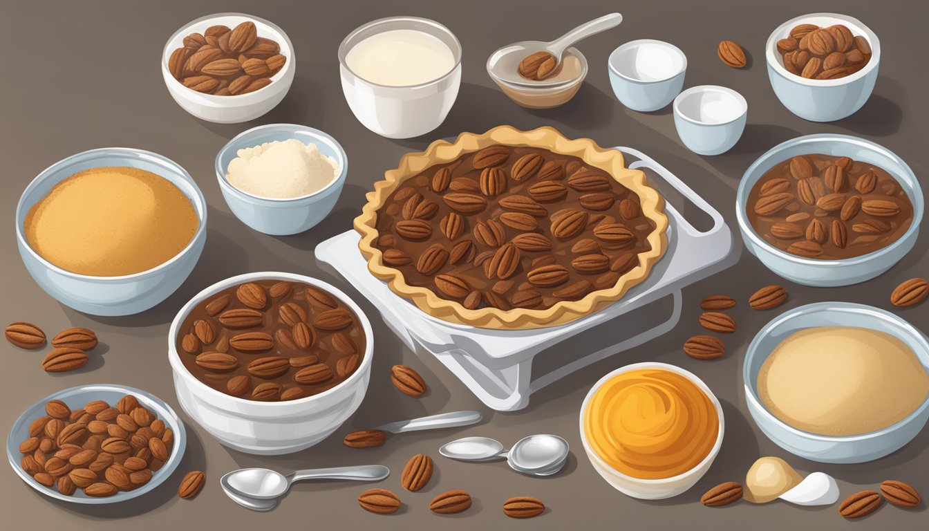 A table with ingredients and measurements for a pecan pie recipe, surrounded by measuring cups and spoons