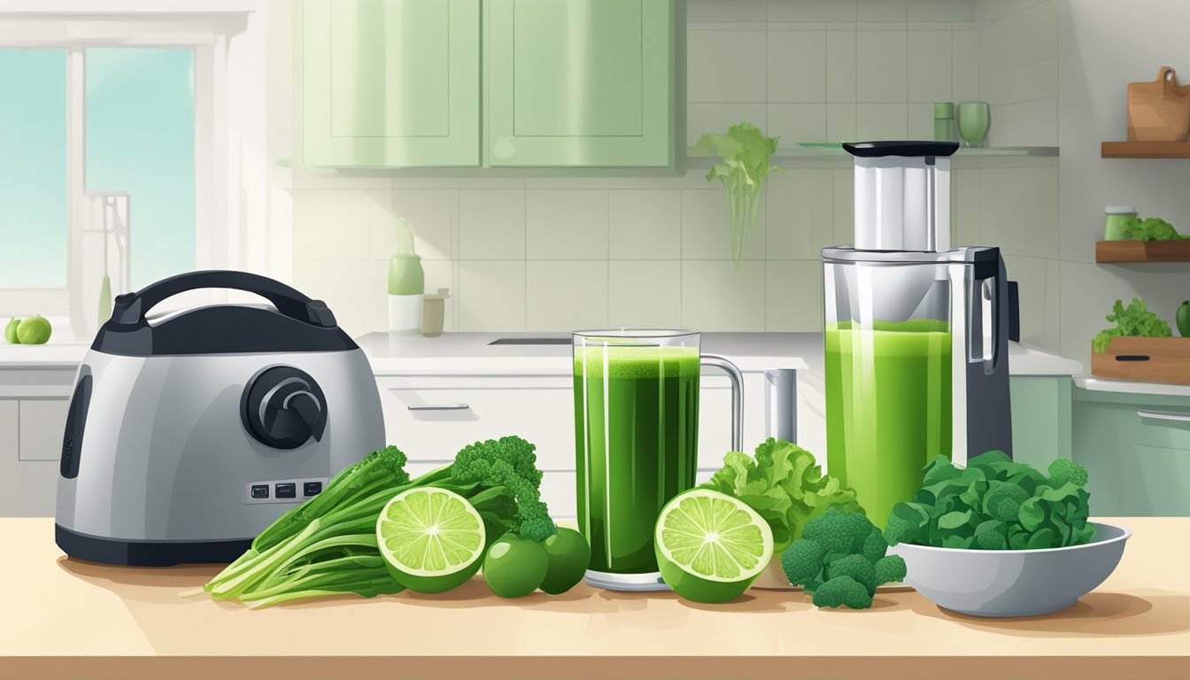 A kitchen counter with fresh green vegetables, a juicer, and a glass of green juice