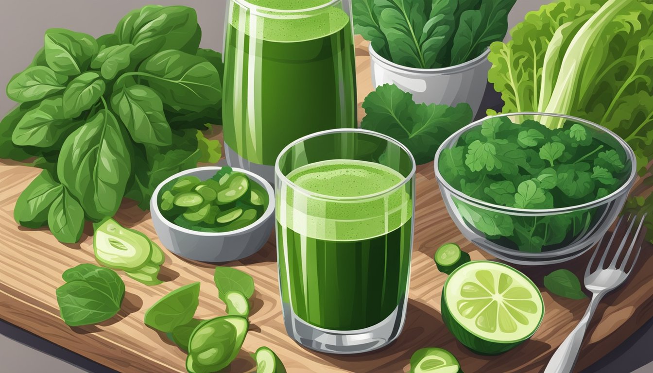 A glass of green juice surrounded by fresh spinach, kale, cucumber, and celery on a wooden cutting board