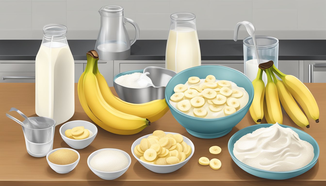 A kitchen counter with ingredients for banana pudding: bananas, vanilla wafers, sugar, milk, and a mixing bowl