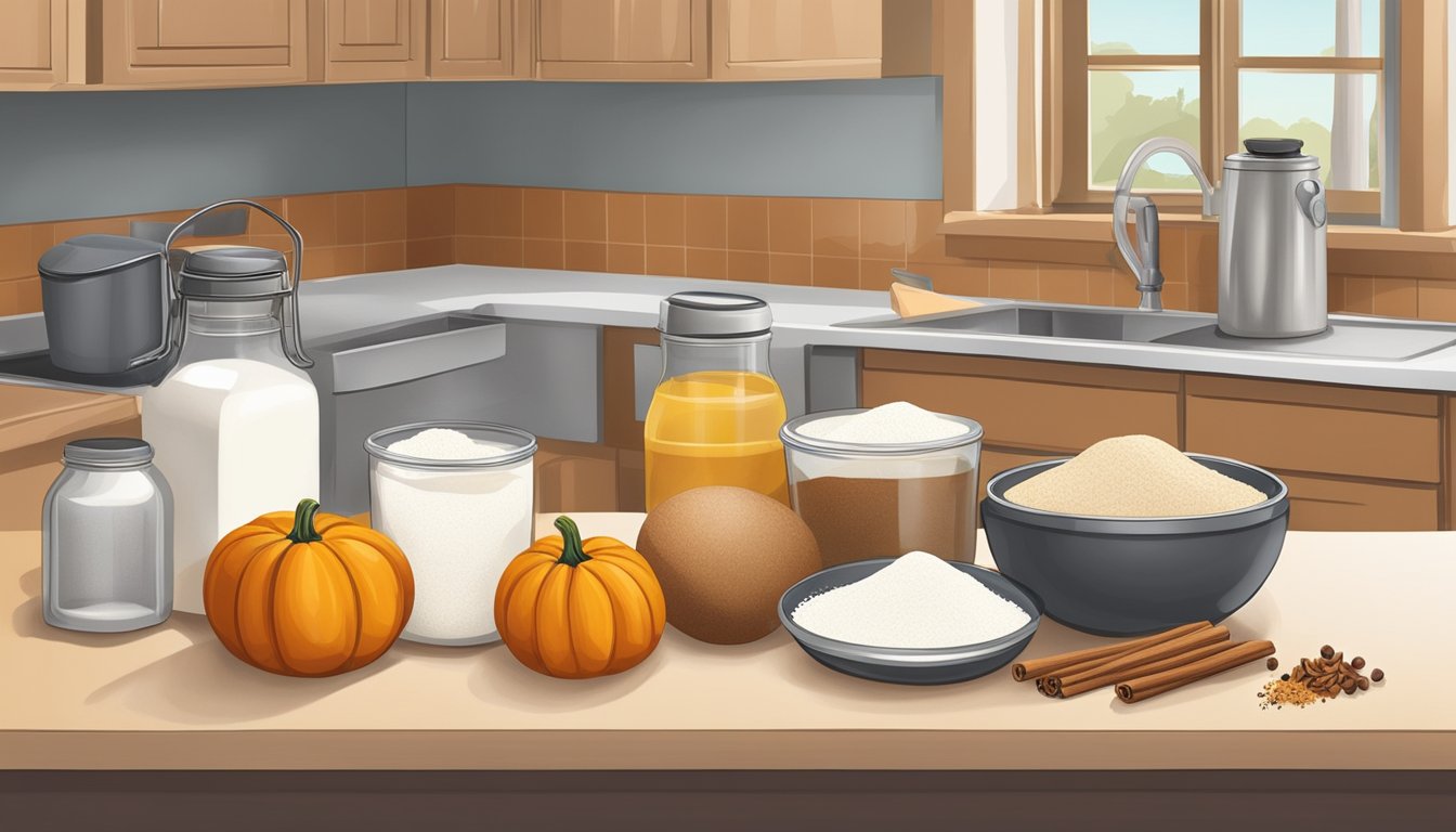 A kitchen counter with ingredients for pumpkin bread: canned pumpkin, flour, sugar, eggs, spices, and a mixing bowl