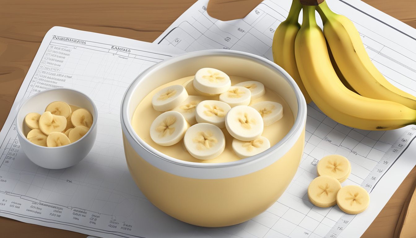 A bowl of banana pudding surrounded by fresh bananas, vanilla wafers, and a nutritional breakdown chart