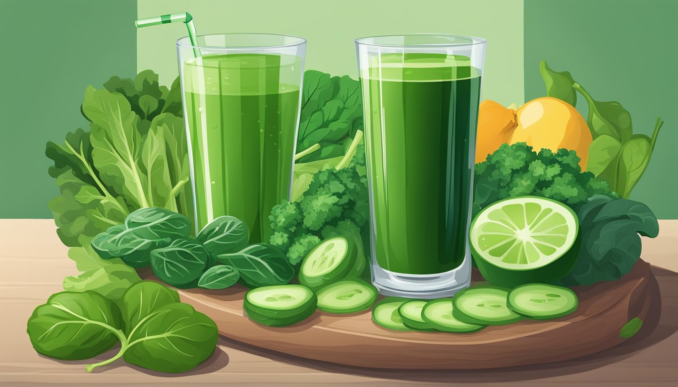 A glass of green juice surrounded by fresh spinach, kale, cucumber, and celery, with a variety of other diabetic-friendly ingredients nearby