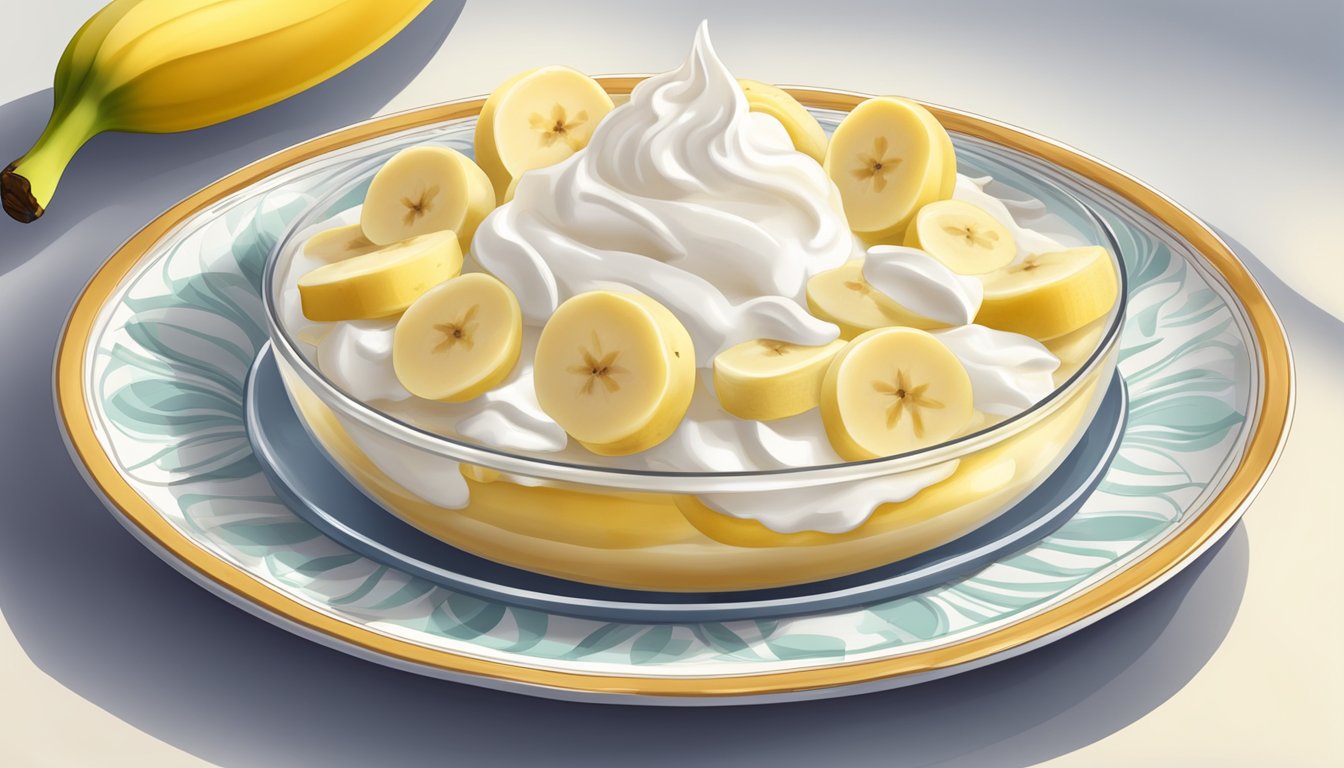 A bowl of banana pudding with sliced bananas and a dollop of whipped cream, served on a decorative plate