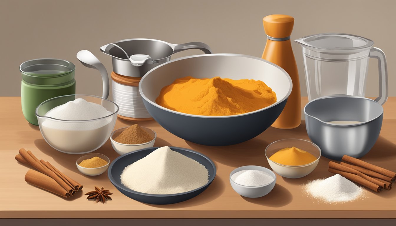 A kitchen counter with a mixing bowl, measuring cups, and various ingredients like pumpkin puree, flour, and cinnamon