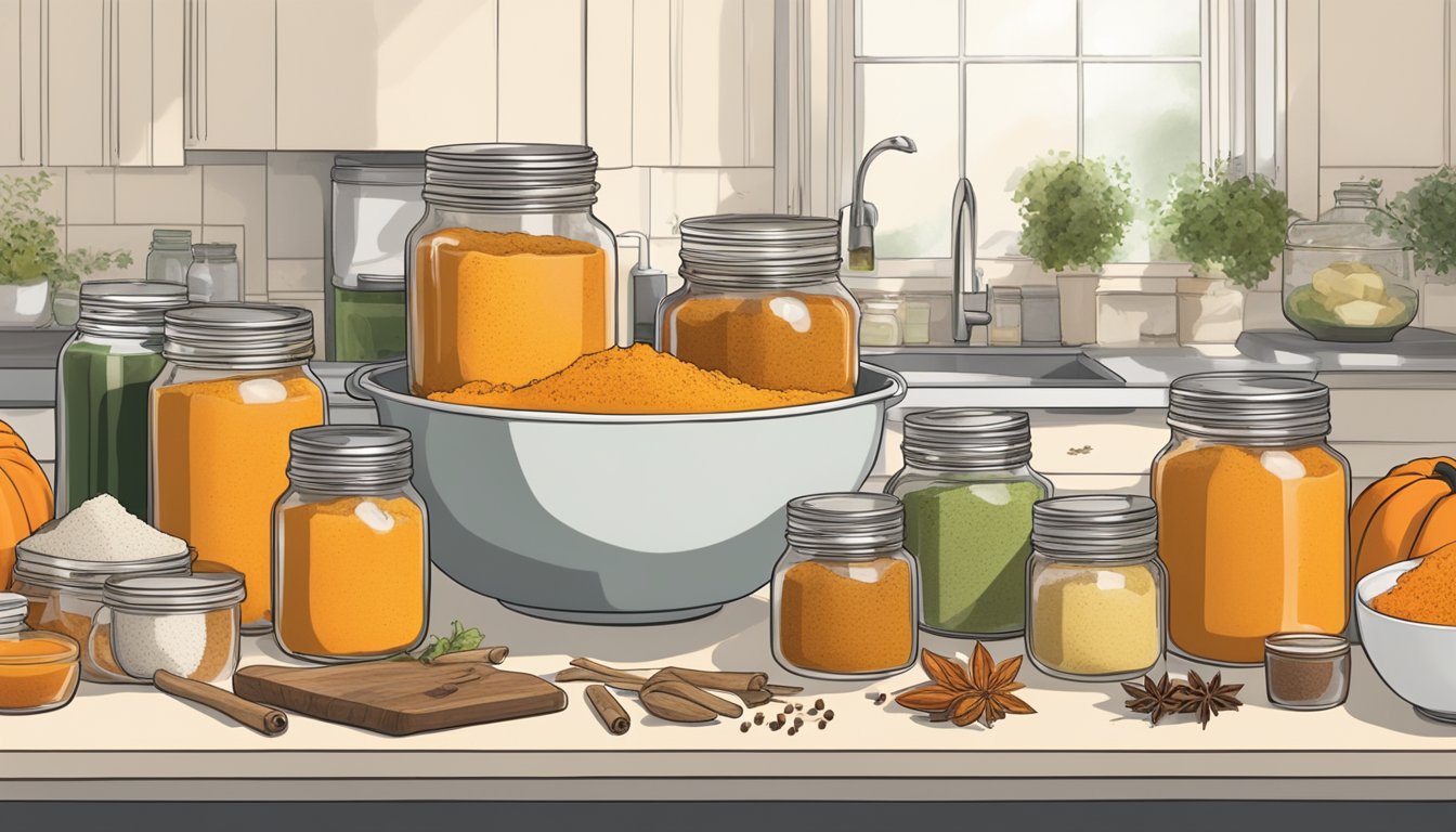 A kitchen counter with a mixing bowl filled with pumpkin puree, surrounded by various jars of flavor enhancers and spices