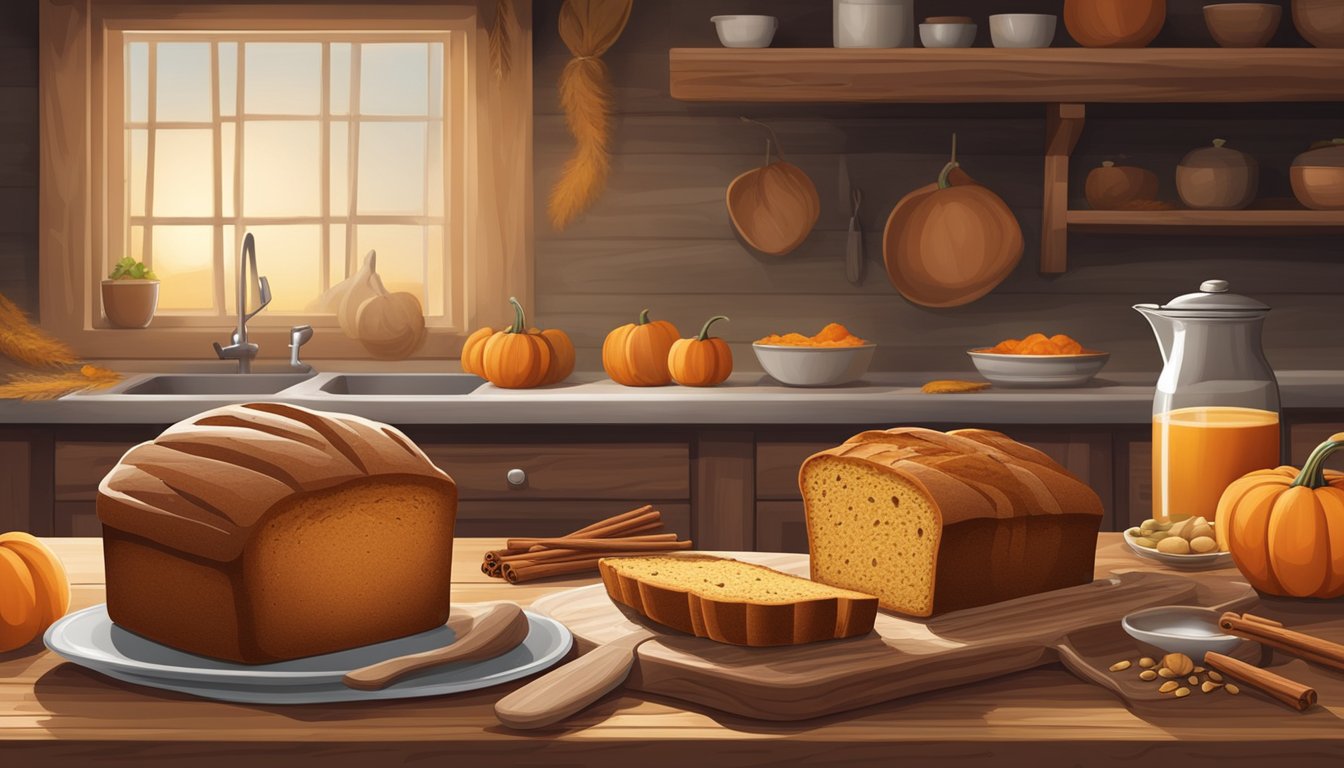 A rustic kitchen with a wooden table displaying a freshly baked loaf of pumpkin bread, surrounded by ingredients like cinnamon, nutmeg, and pumpkin puree