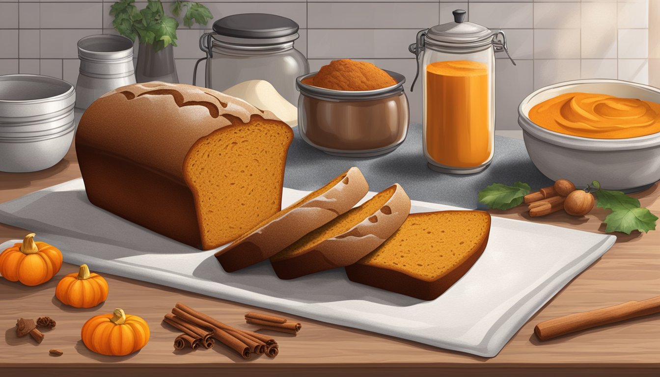 A kitchen counter with a freshly baked loaf of pumpkin bread, surrounded by ingredients like pumpkin puree, flour, and cinnamon