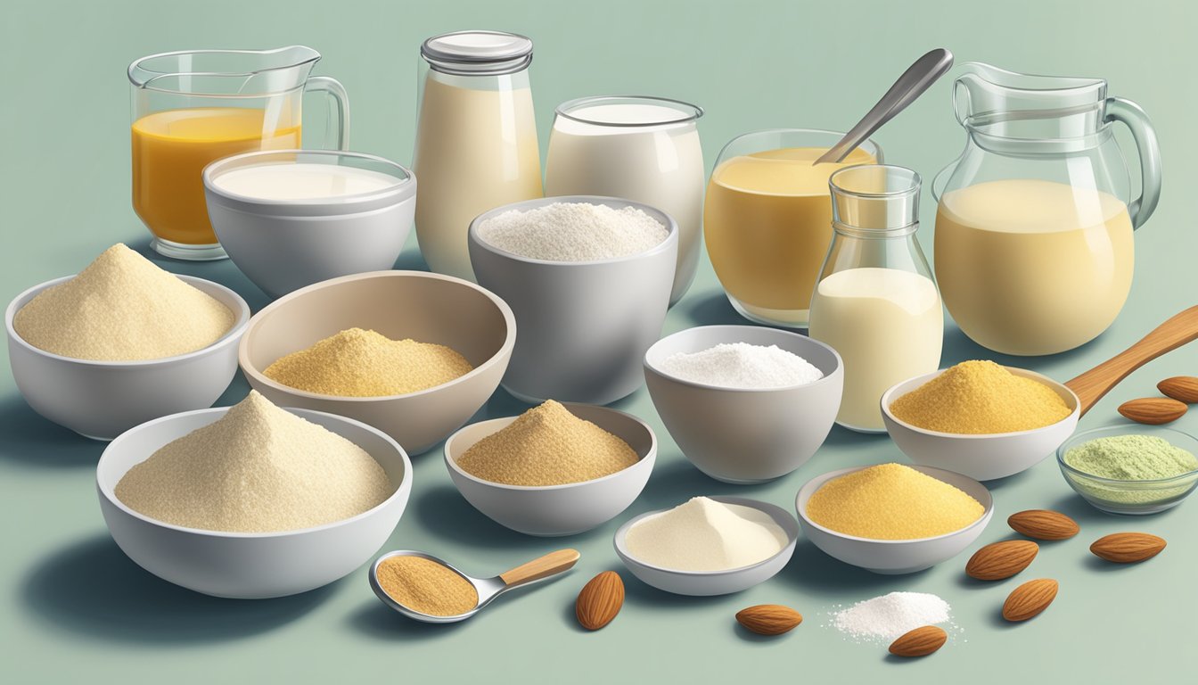 A kitchen counter with a variety of diabetic-friendly ingredients such as almond flour, stevia, and unsweetened almond milk, along with measuring spoons and mixing bowls