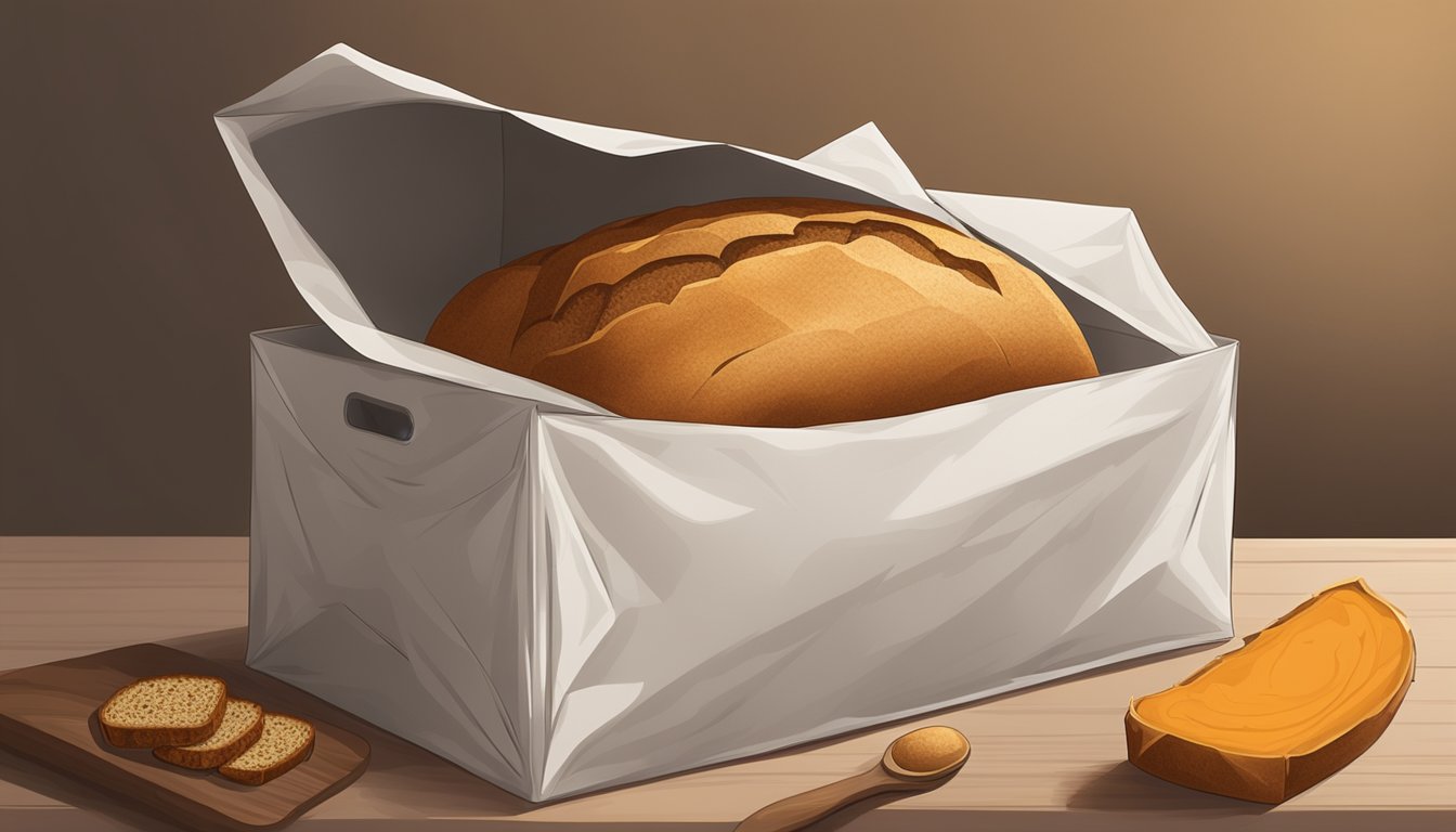 A loaf of pumpkin bread wrapped in parchment paper, placed in an airtight container and stored in a cool, dry pantry